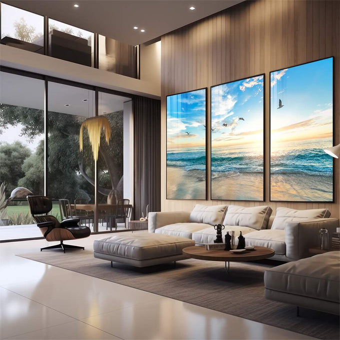 Quadro Decorativo Acalmante Pôr do Sol e Gaivotas - quadros decorativos para sala 1 Tela Vertical, 3 Telas - em quarto contemporaneo