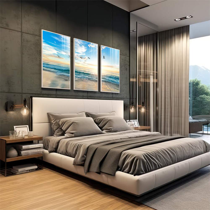 Quadro Decorativo Acalmante Pôr do Sol e Gaivotas - quadros decorativos para sala 1 Tela Vertical, 3 Telas - em living room premium