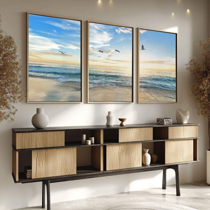 Quadro Decorativo Acalmante Pôr do Sol e Gaivotas - quadros decorativos para sala 1 Tela Vertical, 3 Telas - em ambiente decorado