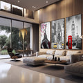 Quadro Decorativo: Ícones Mundiais com Toque Especial - quadros decorativos 1 Tela Vertical, 3 Telas - em sala moderna