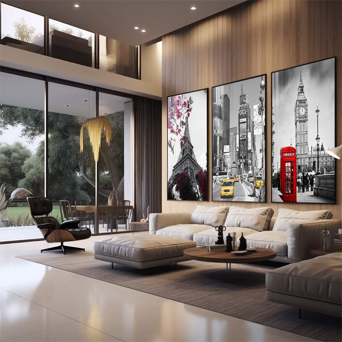 Quadro Decorativo: Ícones Mundiais com Toque Especial - quadros decorativos 1 Tela Vertical, 3 Telas - em sala moderna