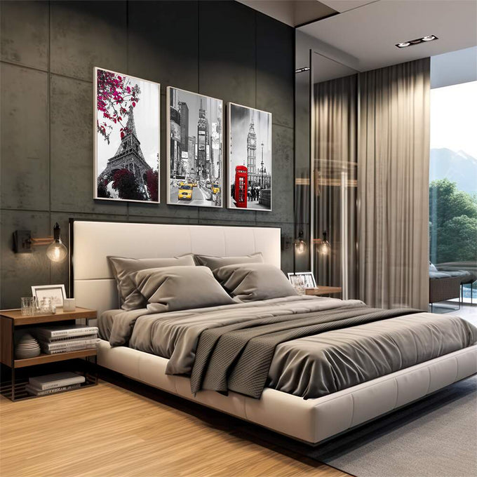 Quadro Decorativo: Ícones Mundiais com Toque Especial - quadros decorativos 1 Tela Vertical, 3 Telas - em escritorio elegante