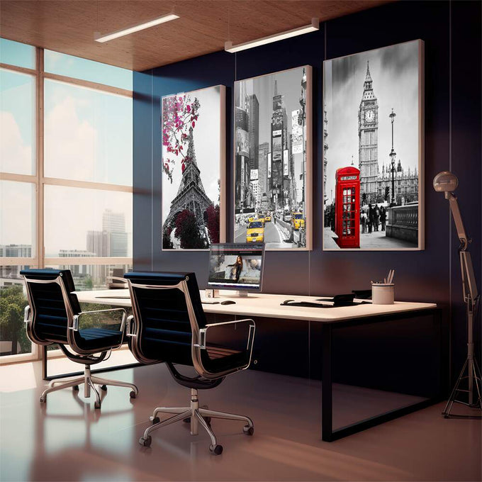Quadro Decorativo: Ícones Mundiais com Toque Especial - quadros decorativos para sala 1 Tela Vertical, 3 Telas - em living room premium