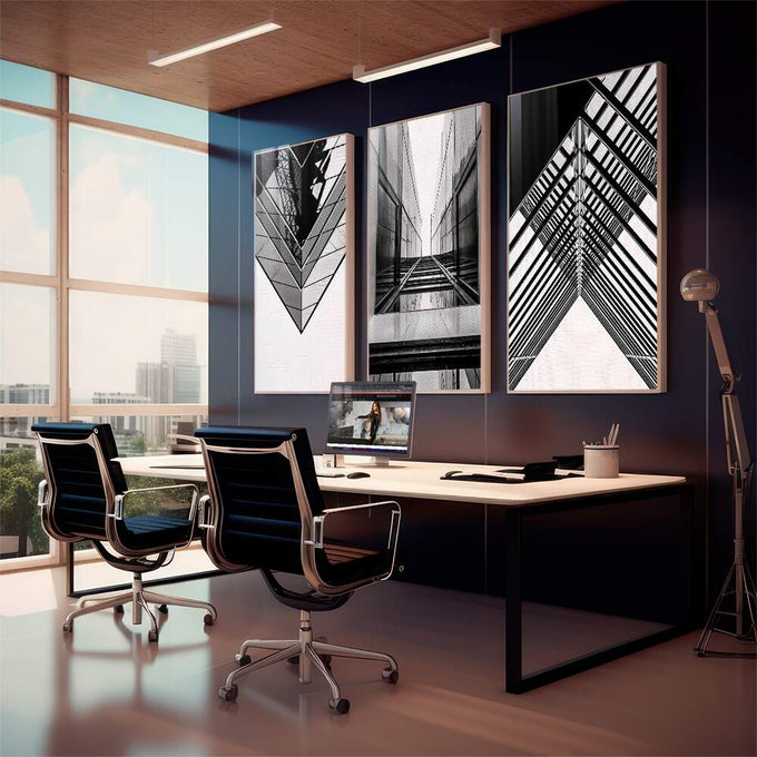Quadro Decorativo: A Vibrante Alma Urbana em Cores - quadros decorativos 1 Tela Vertical, 3 Telas - em sala moderna