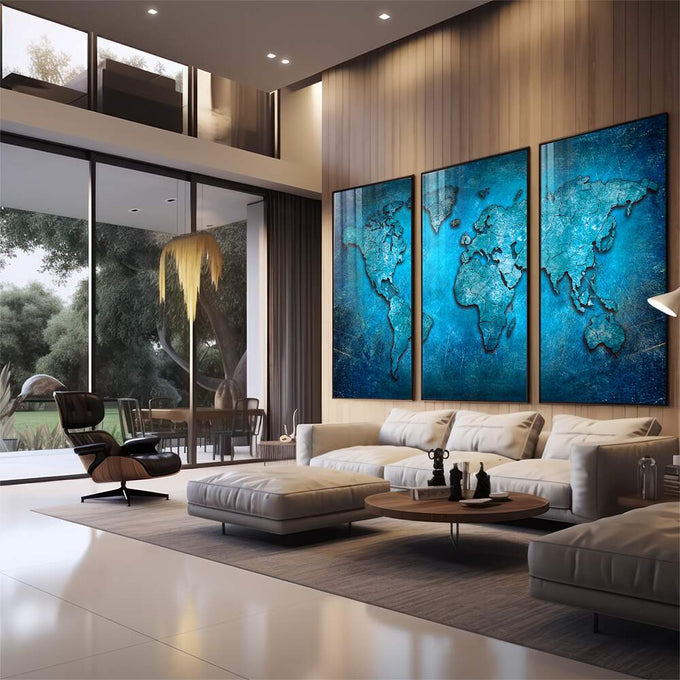 Quadro Decorativo Desperte Aventureiro: o Mundo em Azul - quadros decorativos para sala 1 Tela Vertical, 3 Telas - em quarto contemporaneo