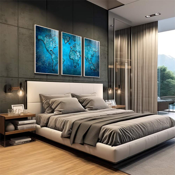 Quadro Decorativo Desperte Aventureiro: o Mundo em Azul - quadros decorativos para sala 1 Tela Vertical, 3 Telas - em living room premium