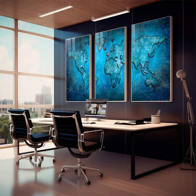 Quadro Decorativo Desperte Aventureiro: o Mundo em Azul - quadros decorativos 1 Tela Vertical, 3 Telas - em sala moderna