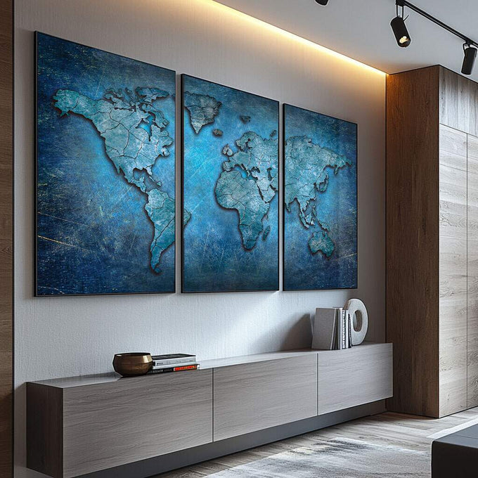 Quadro Decorativo Desperte Aventureiro: o Mundo em Azul - quadros decorativos para sala 1 Tela Vertical, 3 Telas - em ambiente decorado