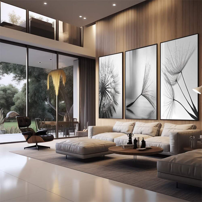Quadro Decorativo: Delicado Dente de Leão em P&B - quadros decorativos para sala 1 Tela Vertical, 3 Telas - em quarto contemporaneo