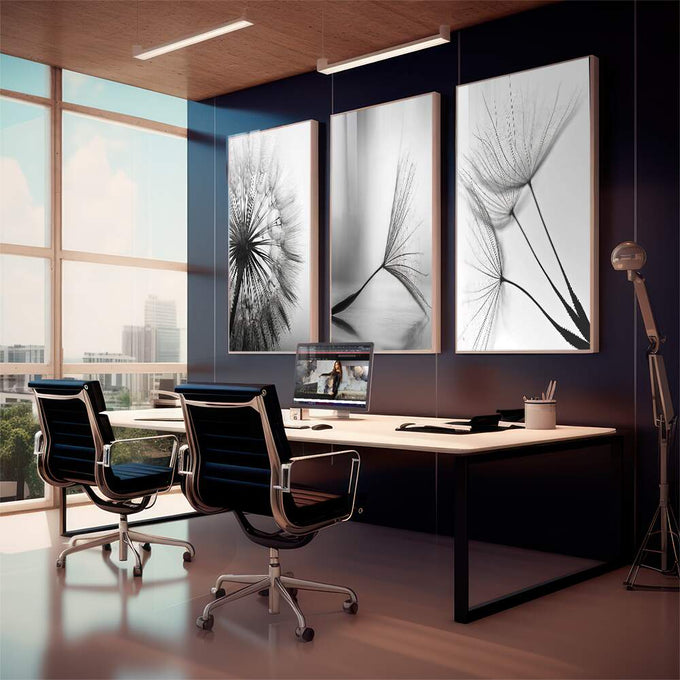 Quadro Decorativo: Delicado Dente de Leão em P&B - quadros decorativos 1 Tela Vertical, 3 Telas - em sala moderna