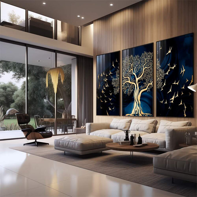 Quadro Decorativo Árvore Dourada: Inspiração e Harmonia - quadros decorativos para sala 1 Tela Vertical, 3 Telas - em quarto contemporaneo