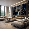 Quadro Decorativo Árvore Dourada: Inspiração e Harmonia - quadros decorativos 1 Tela Vertical, 3 Telas - em escritorio elegante