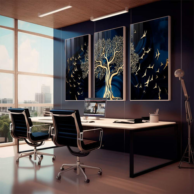 Quadro Decorativo Árvore Dourada: Inspiração e Harmonia - quadros decorativos 1 Tela Vertical, 3 Telas - em sala moderna