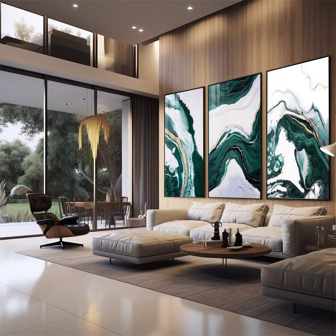 Quadro Decorativo: Sussurros de Serenidade em Mármore Verde - quadros decorativos para sala 1 Tela Vertical, 3 Telas - em quarto contemporaneo