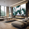 Quadro Decorativo: Sussurros de Serenidade em Mármore Verde - quadros decorativos 1 Tela Vertical, 3 Telas - em escritorio elegante