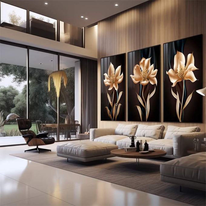 Quadro Decorativo: Luxuoso Jardim Dourado - quadros decorativos para sala 1 Tela Vertical, 3 Telas - em quarto contemporaneo