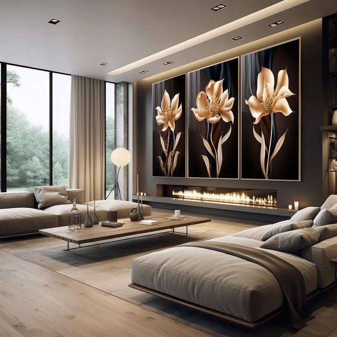 Quadro Decorativo: Luxuoso Jardim Dourado - quadros decorativos 1 Tela Vertical, 3 Telas - em escritorio elegante