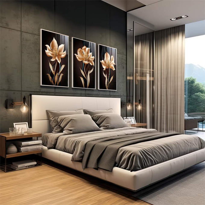 Quadro Decorativo: Luxuoso Jardim Dourado - quadros decorativos para sala 1 Tela Vertical, 3 Telas - em living room premium