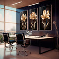 Quadro Decorativo: Luxuoso Jardim Dourado - quadros decorativos 1 Tela Vertical, 3 Telas - em sala moderna