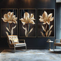 Quadro Decorativo: Luxuoso Jardim Dourado - quadros decorativos para sala 1 Tela Vertical, 3 Telas - em ambiente decorado