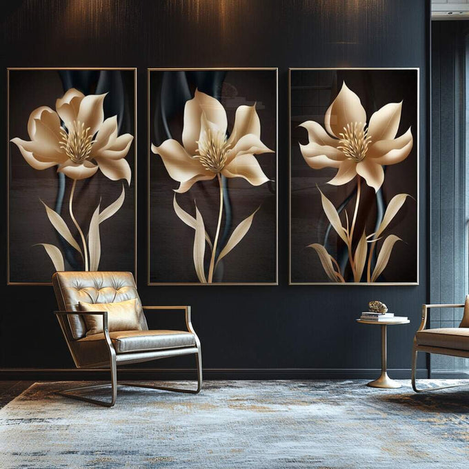 Quadro Decorativo: Luxuoso Jardim Dourado - quadros decorativos para sala 1 Tela Vertical, 3 Telas - em ambiente decorado