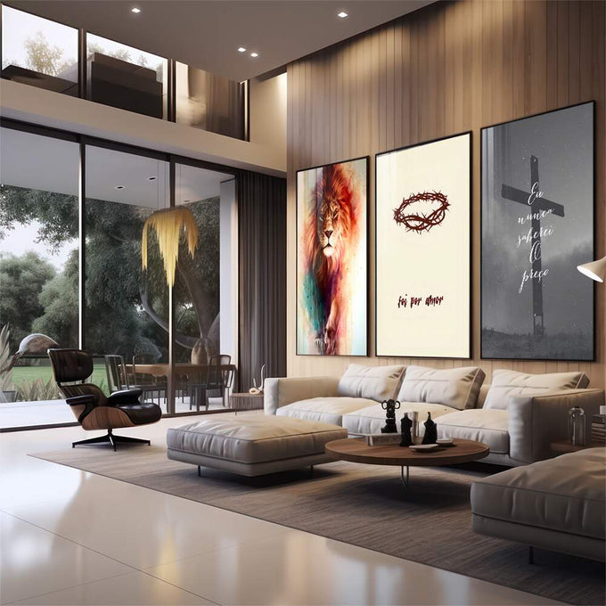 Quadro Decorativo Leão, Cruz, Coroa: Símbolos de Fé e Poder - quadros decorativos para sala 1 Tela Vertical, 3 Telas - em quarto contemporaneo