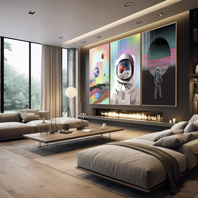 Quadro Decorativo Exploração Cósmica: Toque as Estrelas - quadros decorativos 1 Tela Vertical, 3 Telas - em escritorio elegante