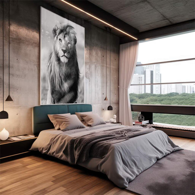 Quadro Decorativo: Rei da Selva em Preto e Branco - quadros decorativos 1 Tela Vertical, 3 Telas - em escritorio elegante