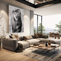 Quadro Decorativo: Rei da Selva em Preto e Branco - quadros decorativos para sala 1 Tela Vertical, 3 Telas - em living room premium