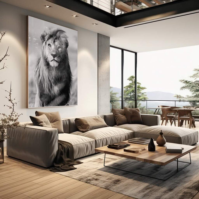 Quadro Decorativo: Rei da Selva em Preto e Branco - quadros decorativos para sala 1 Tela Vertical, 3 Telas - em living room premium