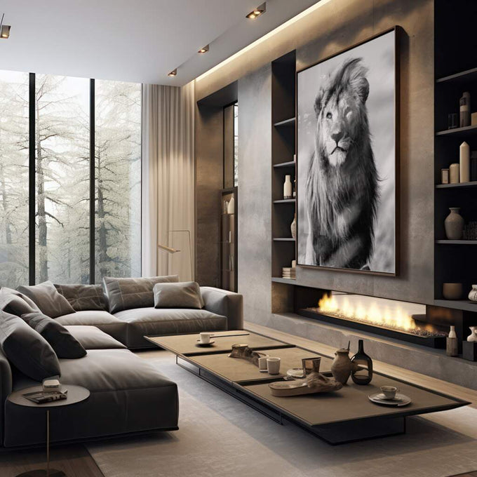 Quadro Decorativo: Rei da Selva em Preto e Branco - quadros decorativos 1 Tela Vertical, 3 Telas - em sala moderna