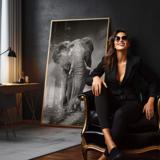 Quadro Decorativo Majestade em Preto e Branco: Elefante - quadros decorativos para sala 1 Tela Vertical, 3 Telas - em quarto contemporaneo