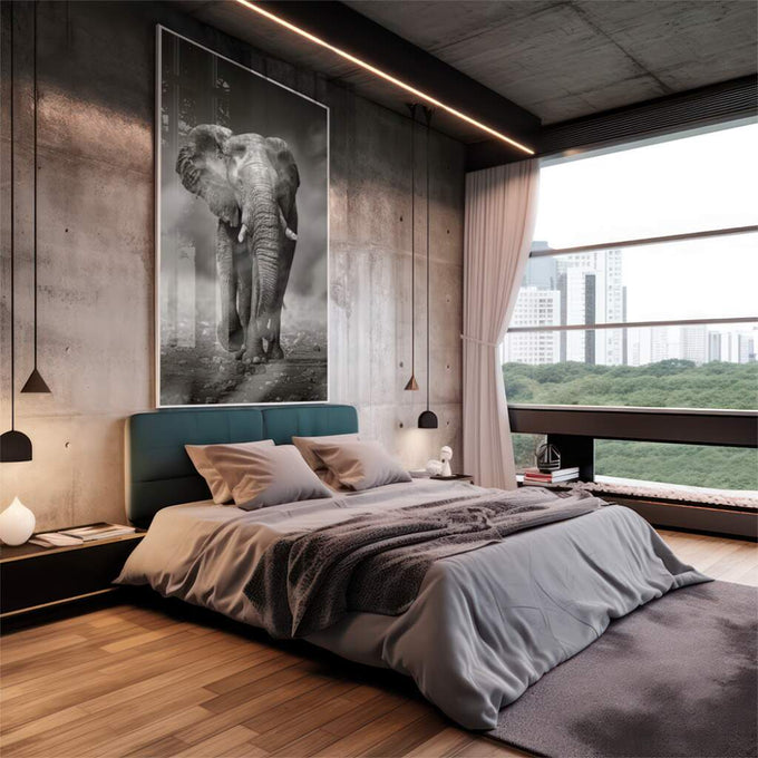 Quadro Decorativo Majestade em Preto e Branco: Elefante - quadros decorativos 1 Tela Vertical, 3 Telas - em escritorio elegante