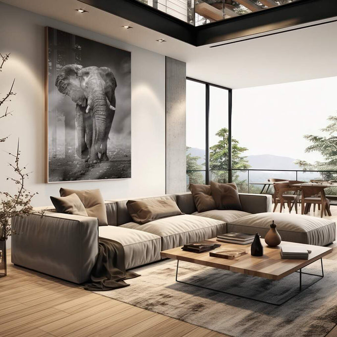 Quadro Decorativo Majestade em Preto e Branco: Elefante - quadros decorativos para sala 1 Tela Vertical, 3 Telas - em living room premium