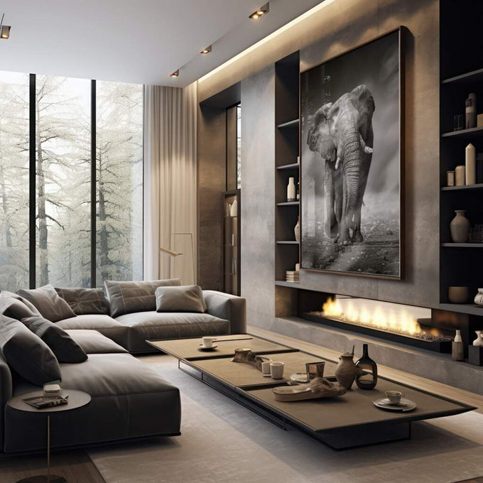 Quadro Decorativo Majestade em Preto e Branco: Elefante - quadros decorativos 1 Tela Vertical, 3 Telas - em sala moderna