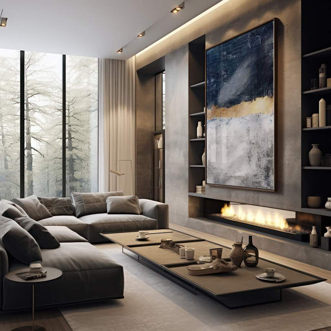 Quadro Decorativo Abstração em Azul e Dourado: Sua Casa com Alma - quadros decorativos 1 Tela Vertical, 3 Telas - em sala moderna