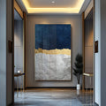 Quadro Decorativo Abstração em Azul e Dourado: Sua Casa com Alma - quadros decorativos para sala 1 Tela Vertical, 3 Telas - em ambiente decorado
