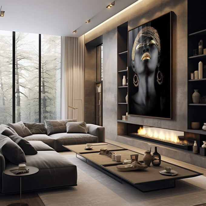Quadro Decorativo Beleza Dourada - Luxo e Sofisticação - quadros decorativos 1 Tela Vertical, 3 Telas - em escritorio elegante