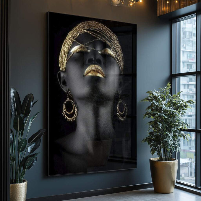 Quadro Decorativo Beleza Dourada - Luxo e Sofisticação - quadros decorativos para sala 1 Tela Vertical, 3 Telas - em ambiente decorado