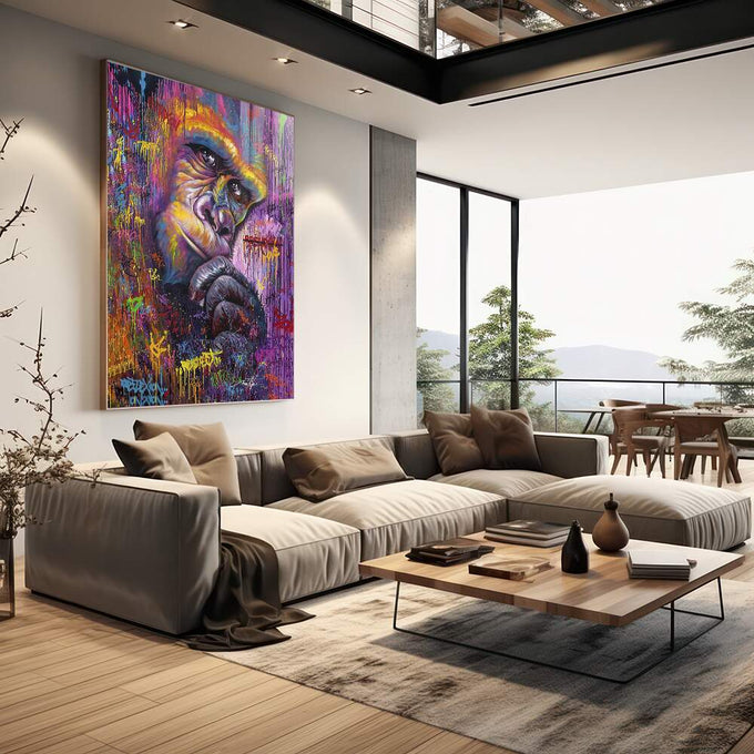Quadro Decorativo Gorila Neon: Natureza e Arte Urbana - quadros decorativos 1 Tela Horizontal, 1 Tela Vertical - em escritorio elegante