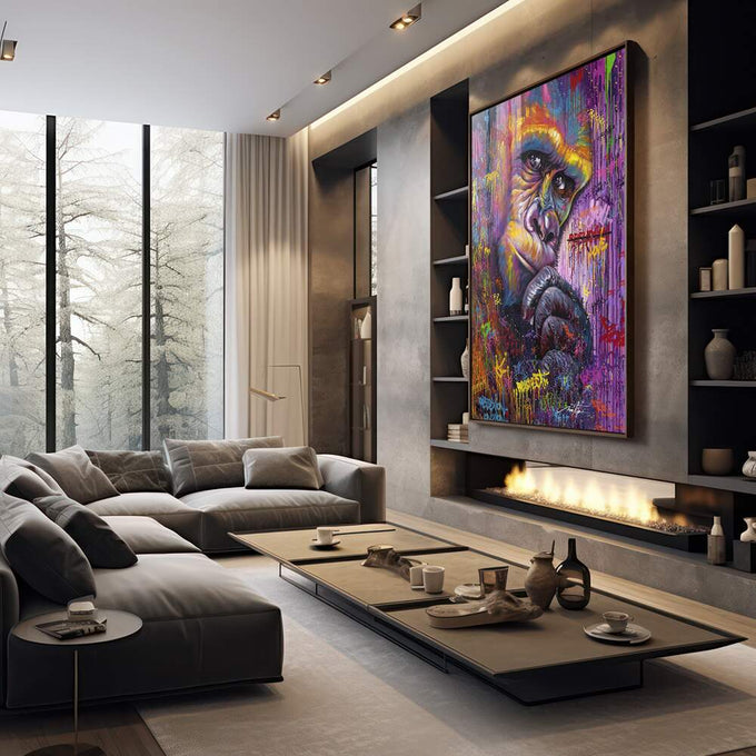 Quadro Decorativo Gorila Neon: Natureza e Arte Urbana - quadros decorativos para sala 1 Tela Horizontal, 1 Tela Vertical - em living room premium