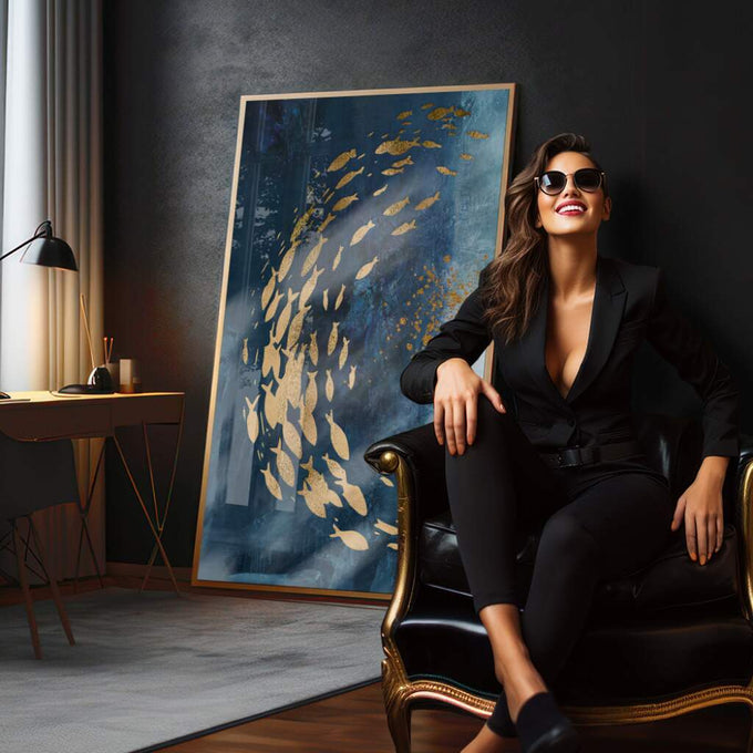 Quadro Decorativo: Dança Sublime dos Peixes em Azul e Ouro - quadros decorativos para sala 1 Tela Vertical, 3 Telas - em quarto contemporaneo