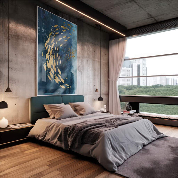 Quadro Decorativo: Dança Sublime dos Peixes em Azul e Ouro - quadros decorativos 1 Tela Vertical, 3 Telas - em escritorio elegante