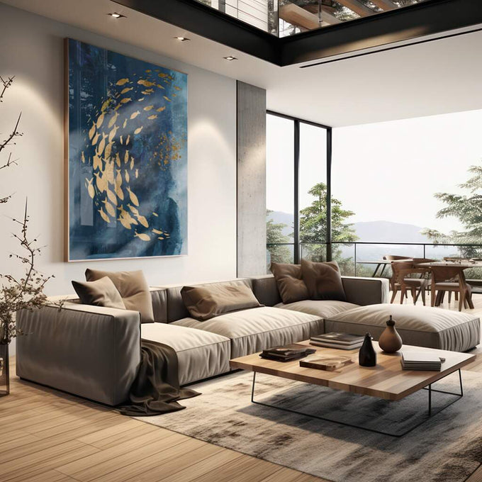 Quadro Decorativo: Dança Sublime dos Peixes em Azul e Ouro - quadros decorativos para sala 1 Tela Vertical, 3 Telas - em living room premium