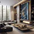 Quadro Decorativo: Dança Sublime dos Peixes em Azul e Ouro - quadros decorativos 1 Tela Vertical, 3 Telas - em sala moderna