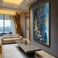 Quadro Decorativo: Dança Sublime dos Peixes em Azul e Ouro - quadros decorativos para sala 1 Tela Vertical, 3 Telas - em ambiente decorado