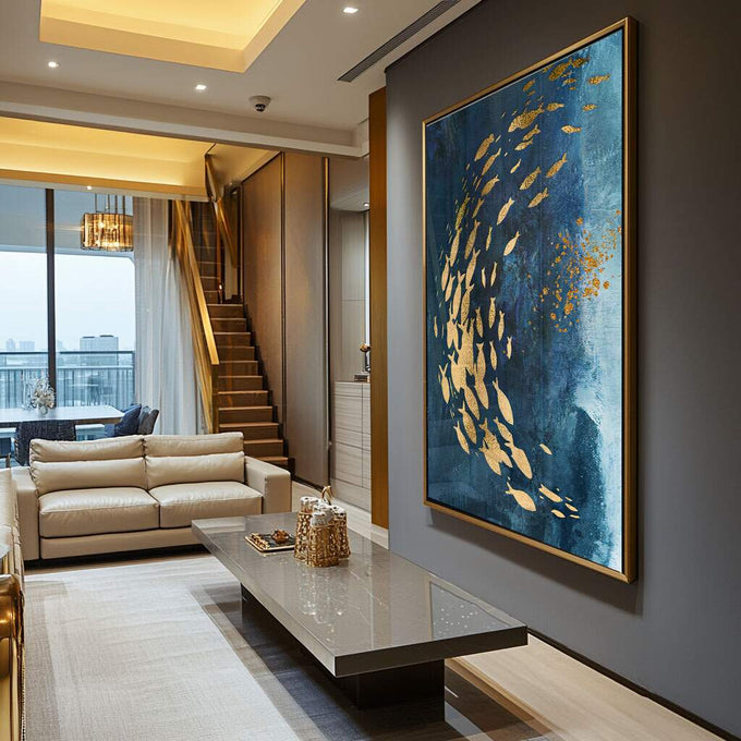 Quadro Decorativo: Dança Sublime dos Peixes em Azul e Ouro - quadros decorativos para sala 1 Tela Vertical, 3 Telas - em ambiente decorado