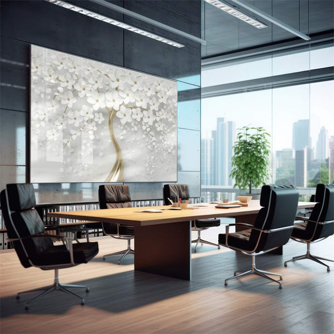 Quadro Decorativo: Árvore Branca & Dourada - Exclusividade - quadros decorativos para sala 1 Tela, 1 Tela Horizontal - em living room premium
