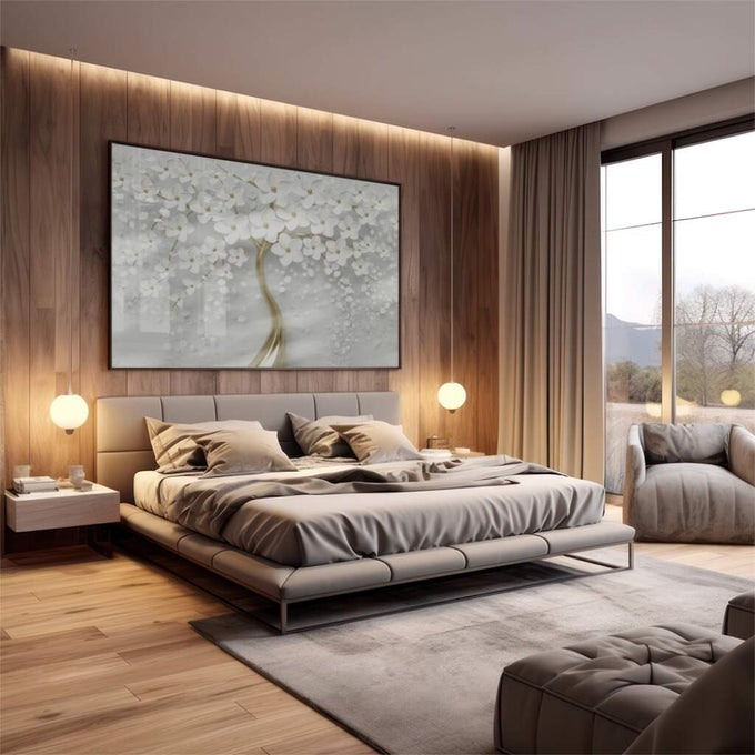 Quadro Decorativo: Árvore Branca & Dourada - Exclusividade - quadros decorativos 1 Tela, 1 Tela Horizontal - em sala moderna