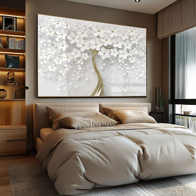 Quadro Decorativo: Árvore Branca & Dourada - Exclusividade - quadros decorativos para sala 1 Tela, 1 Tela Horizontal - em ambiente decorado